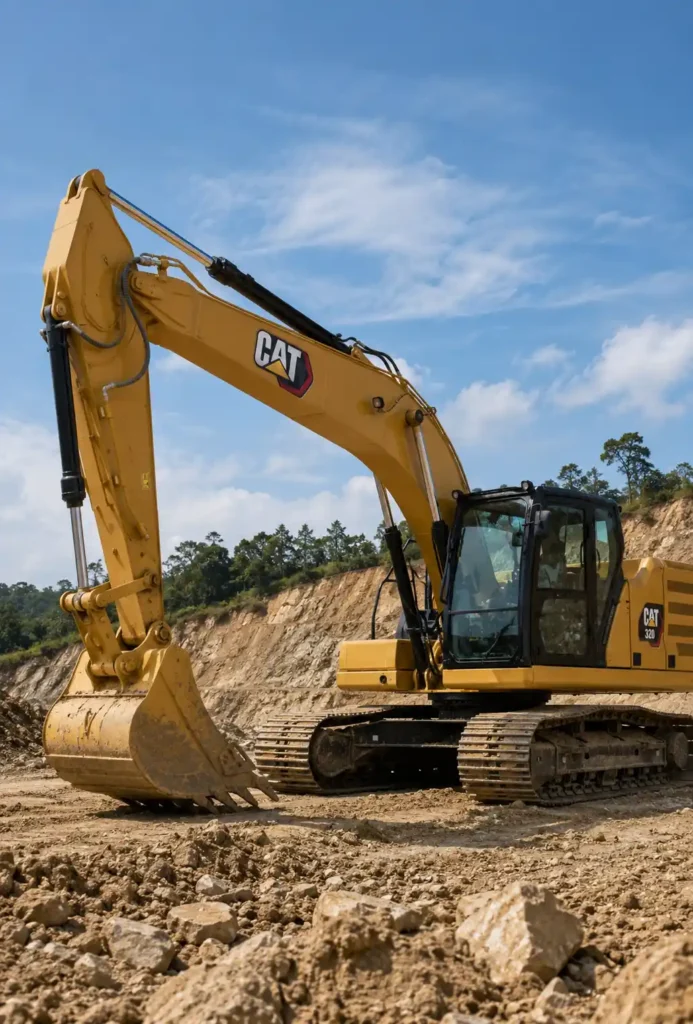 Used CAT 320 excavator on a construction site.